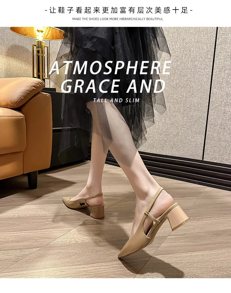 2025 New Medium Heel Woman 4cm Sandals Shallow Mouth Glossy Closed Toe Sandals One Word Buckle Temperament Summer Outdoor Shoes