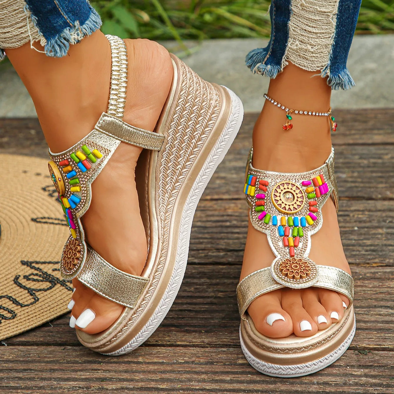 Women Sandals Bohemian Style Wedge Sandals Summer Thick Sole Non Slip Beach Shoes Woman Colorful Bead Chunky Platform Sandals