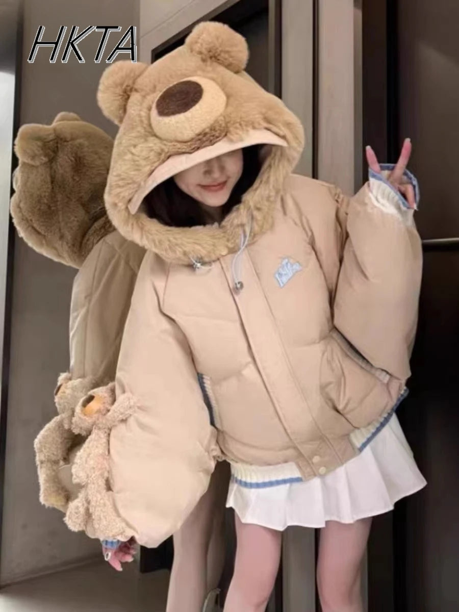 2024 Winter New Cute Rabbit Bear Warm Cotton-padded Coat Women Clothes Sweet Girls Loose Kawaii Long-sleeved Jackets Casacos