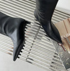 Pointed Toe Women High Boots Leather Fashion Sexy Heels Shoes Woman Trend New Snow Boots Low Heels Elegant Goth Mujer Botas