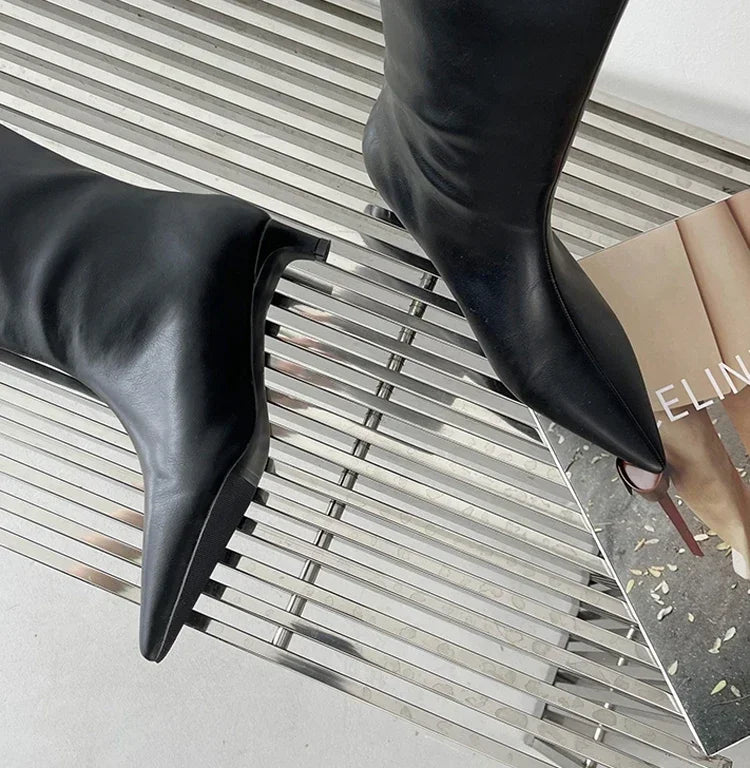 Pointed Toe Women High Boots Leather Fashion Sexy Heels Shoes Woman Trend New Snow Boots Low Heels Elegant Goth Mujer Botas