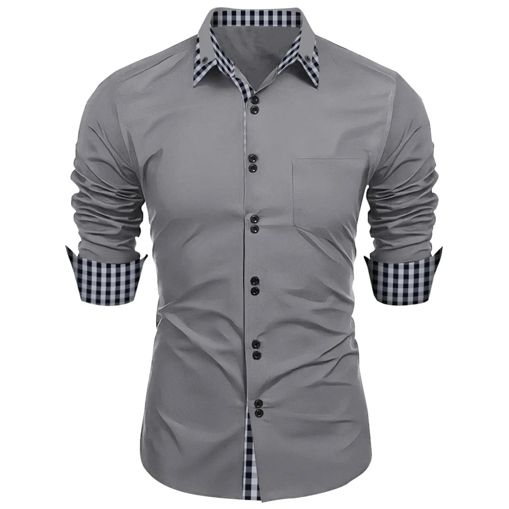 New men's shirt - traditional long-sleeved double-breasted plain-colored loose-fitting office shirt - men's business casual top