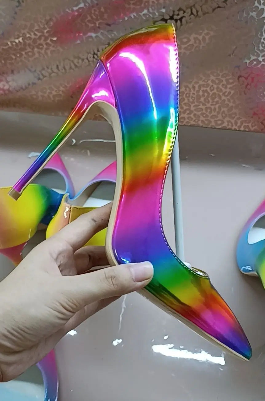 Brand Women High Heels 8-12CM Fashion Iridescent Pointed Toe Single Shoes Woman Thin Heel Summer Glossy Colorful Leather Pumps