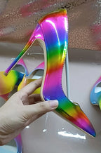 Brand Women High Heels 8-12CM Fashion Iridescent Pointed Toe Single Shoes Woman Thin Heel Summer Glossy Colorful Leather Pumps