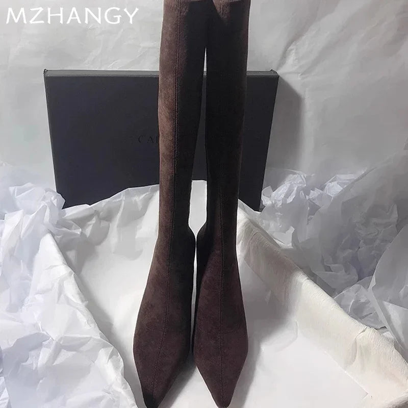 High Heels Women High Boots Suede Pointed Toe Elegant Knee High Shoes Woman Trend Fashion Sexy Pumps Party Chelsea Boots Mujer