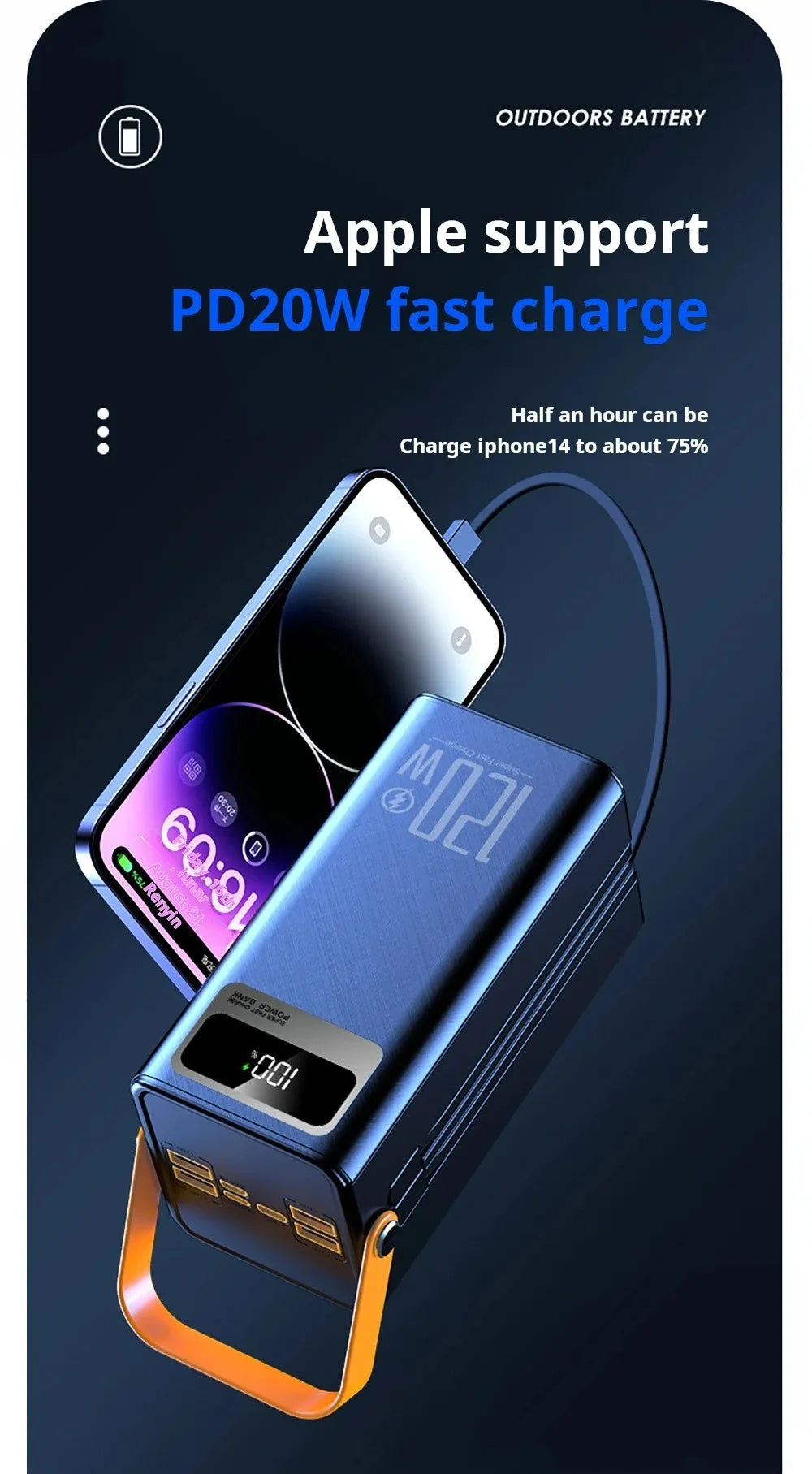 120W Super Fast Power Bank 200000mAh Large Capacity Outdoor Mobile Power Supply Supports 7 Devices to Charge At The Same Time