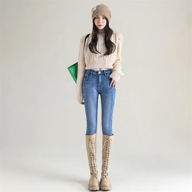 New Winter Women Snow Thermal Fleece Skinny Jeans Casual Lady Warm Velvet Thick Pencil Pants Female Basic Fleece Denim Trousers