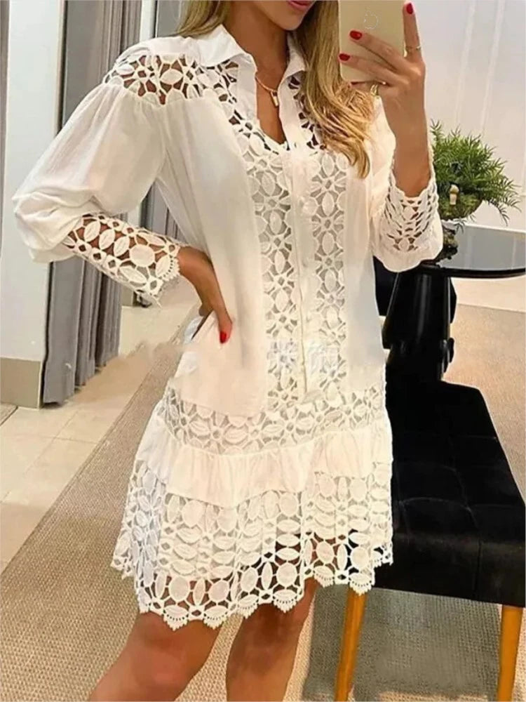 Women Lace Stitching Sexy Hollow Out And Transparent Dress Not Lined Elegant Office Spring Casual Long Sleeve White Shirt Dress