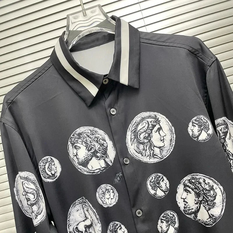 Men's shirt Vintage Character print 2025 Spring / Autumn Loose Version Classic Long-sleeved Lapel Fashion and leisure Top S-5XL