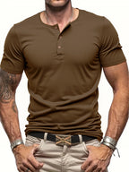 Men's Short Sleeve Henley Neck T-shirt Solid Color Male Tops Slim Fit Button Neck Casual Cozy Tshirt  Streetwear