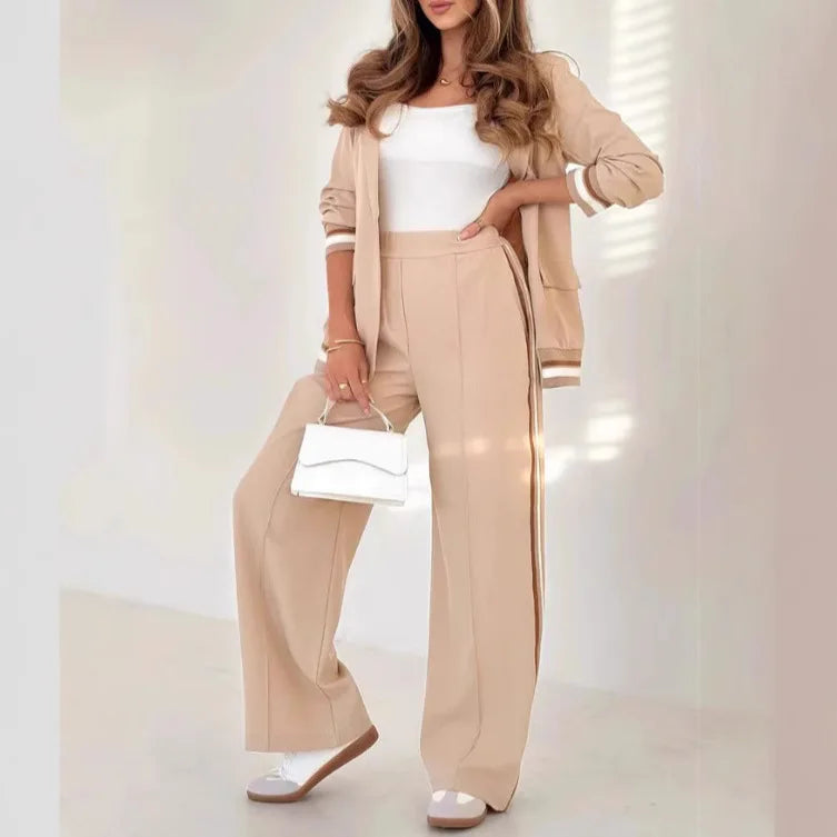 Pant Sets Women Wide Leg Pants Two Piece Set Button Coats Matching Sets Patchwork High Waist Elegant Trousers Pockets Sporty