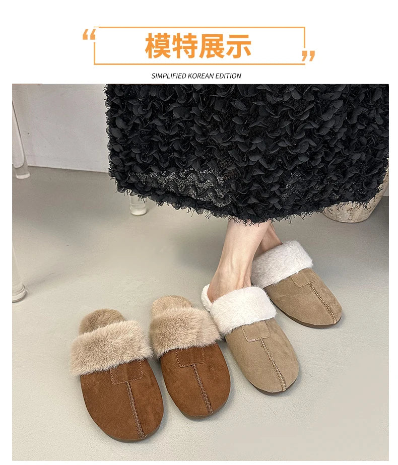Fur Flats Women Cotton Slippers Fashion Warm Shoes Winter Short Plush Designer Cozy Woman Boots 2025 New Dress Mujer De Boots