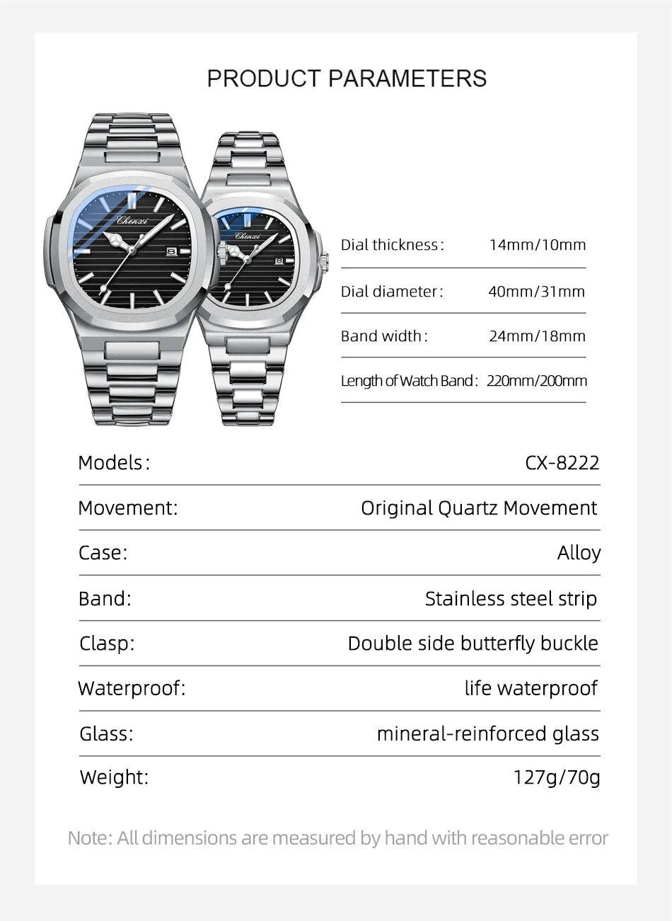 Fashion Couple Watches Men and Women Business Luxury Stainless Steel Quartz Wristwatch Waterproof Luminous Couple Watch Pair Set