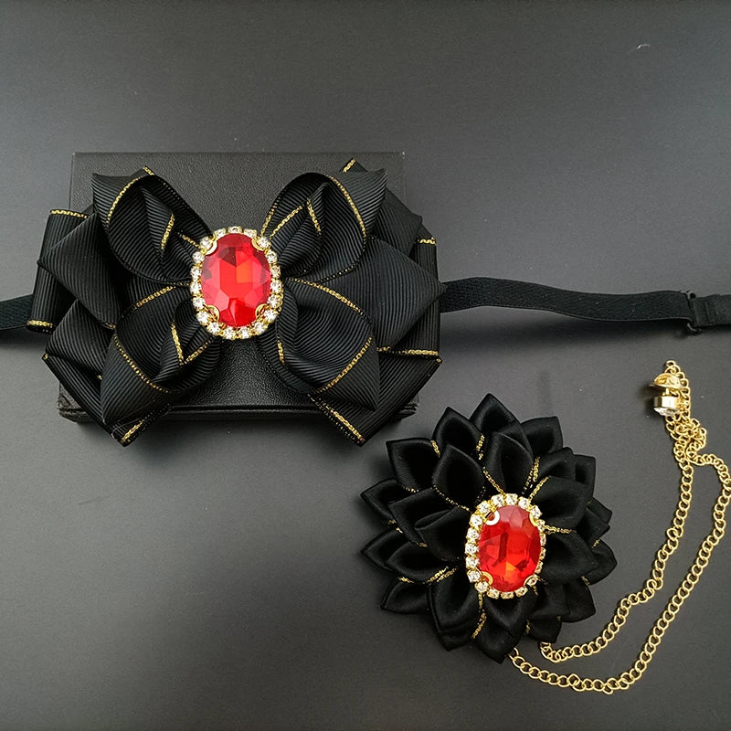 Wedding Bow Tie Corsage Men's Business Banquet Concert Suit Shirts Accessories Jewelry High-end Crystal Collar Flower Brooch Set