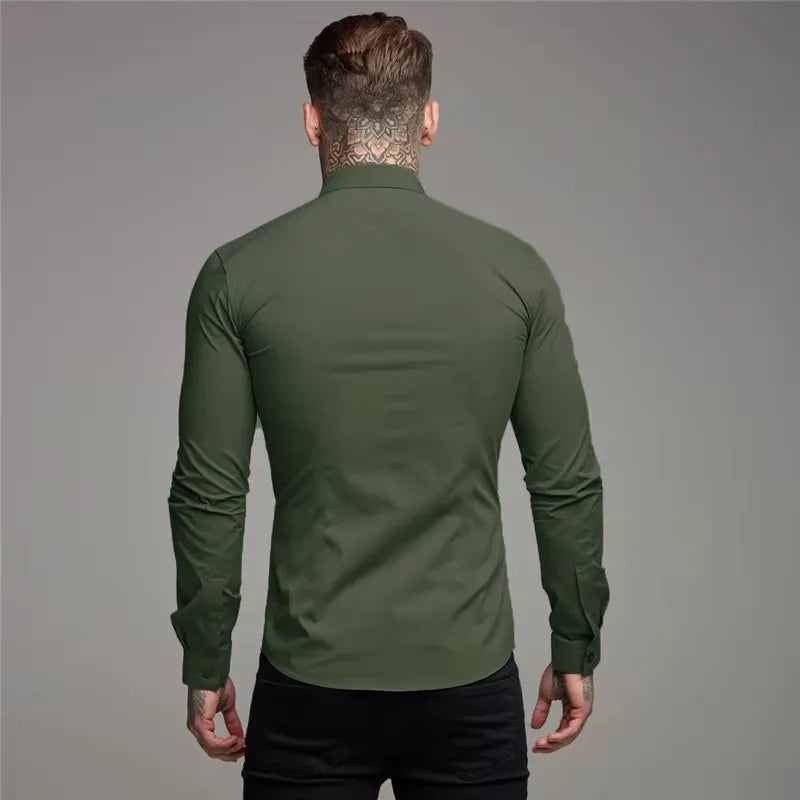 Men's Shirt Fashion Full Sleeve Shirt Men's Muscle Casual Slim-fit Business Dress Solid Color Shirt Men's Gym Fitness Men Shirt