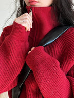 Autumn Winter  Zipper Sweaters Women Solid Color High Neck Knitted Pullover Solid Red Loose Turndown Collar Women's Turtleneck