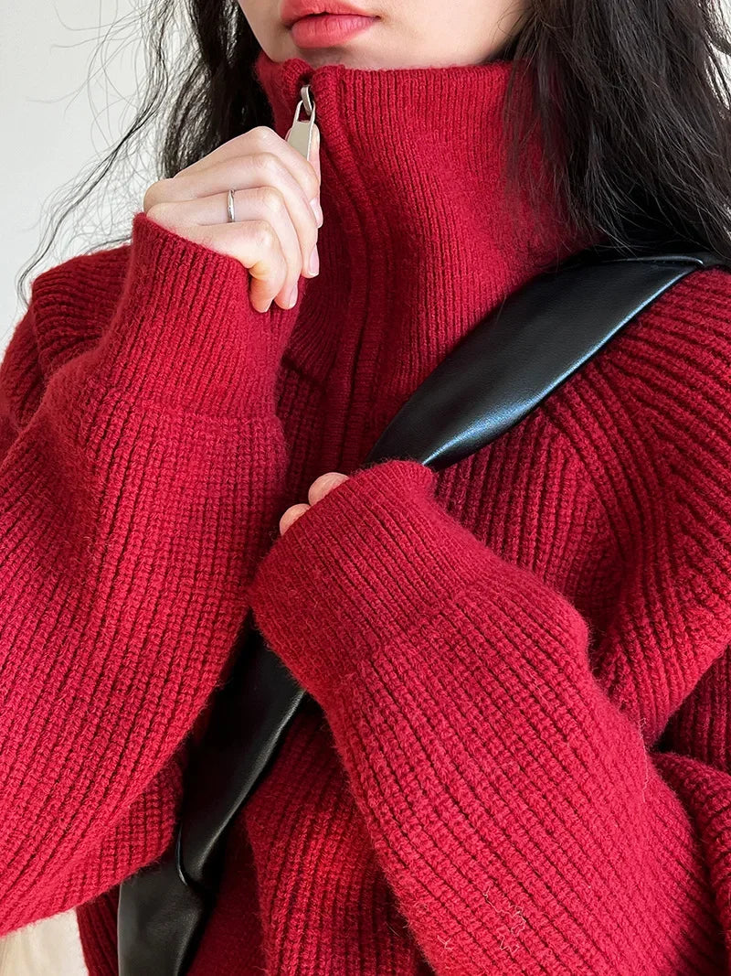 Autumn Winter  Zipper Sweaters Women Solid Color High Neck Knitted Pullover Solid Red Loose Turndown Collar Women's Turtleneck