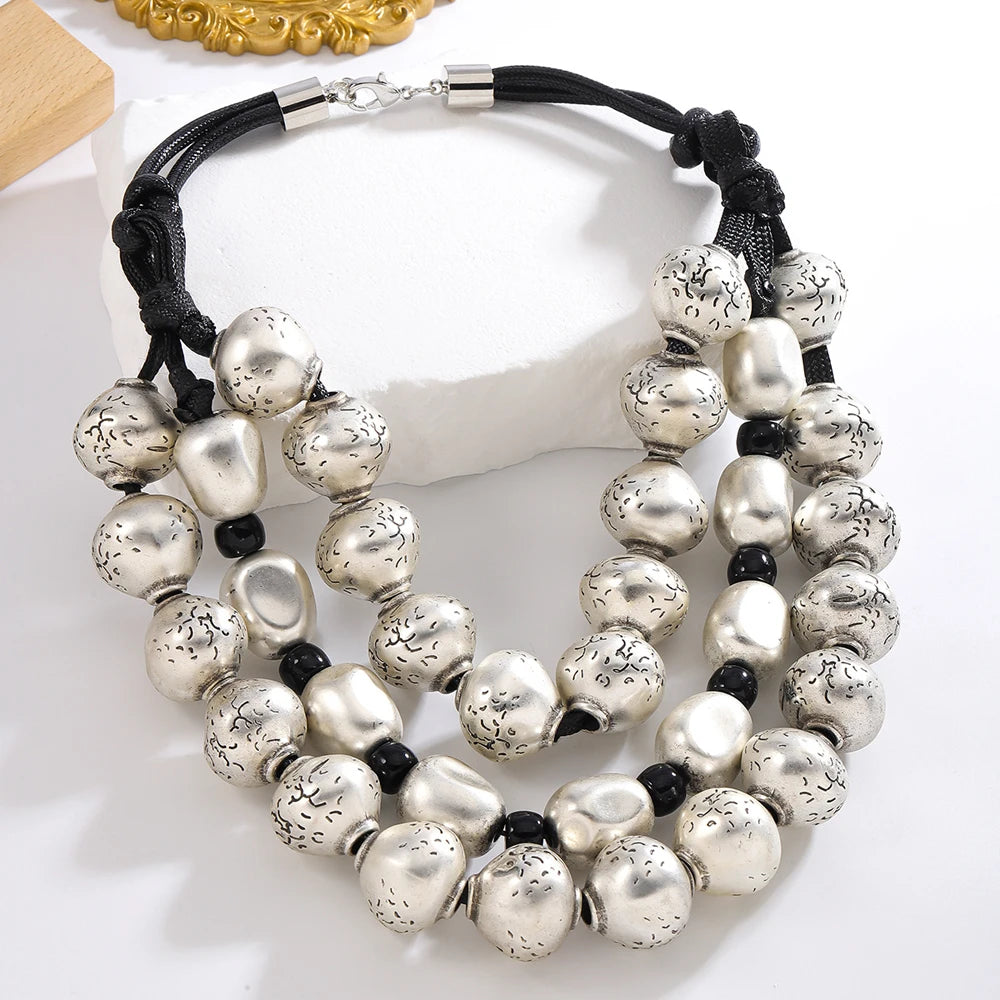 3 Layer Golden Silvery CCB Material Irregular Ball Beaded Necklace European American Fashion Collar Necklaces New Female Jewelry