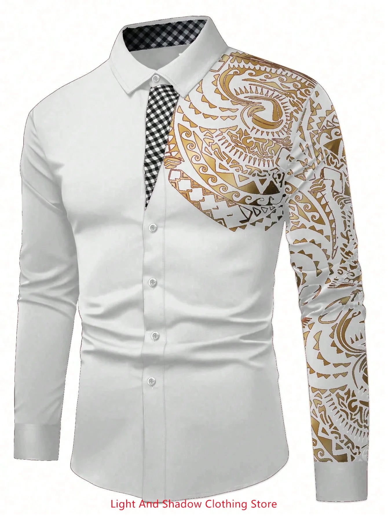 New men's fashionable business casual long sleeved shirt, classic printed collar, social party comfortable men's clothing