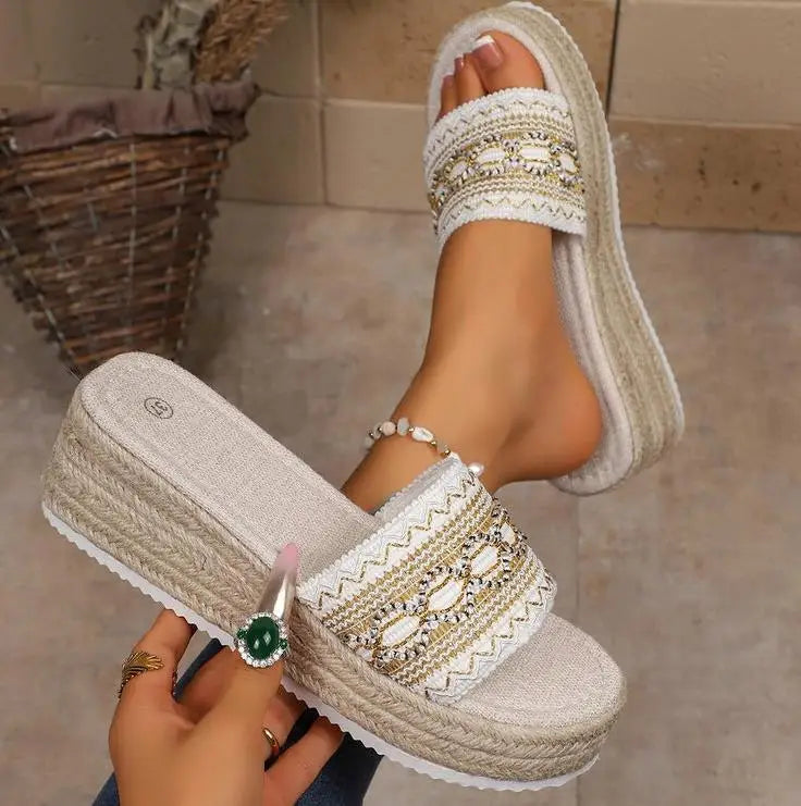 Women's Slippers  for Beach Heeled Sandals Bohemian Handmade Ladies Espadrillesm Ethnic Style Cotton Rope Platform Shoes