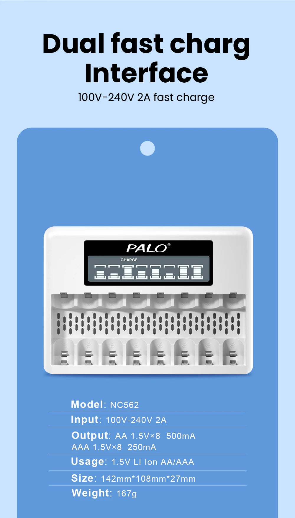 8 Slots 1.5V AA/AAA Rechargeable Battery Charger LCD Display Usb Fast Intelligent Charger for 1.5 Volts Li-lon AA AAA Battery