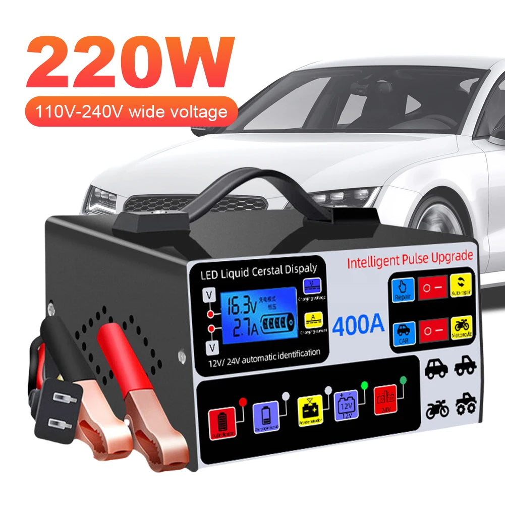 400A Car Battery Charger 220W Heavy Duty Smart Battery Charger 12V/24V Battery High Power Fast Charger Self-Stop Battery Charger