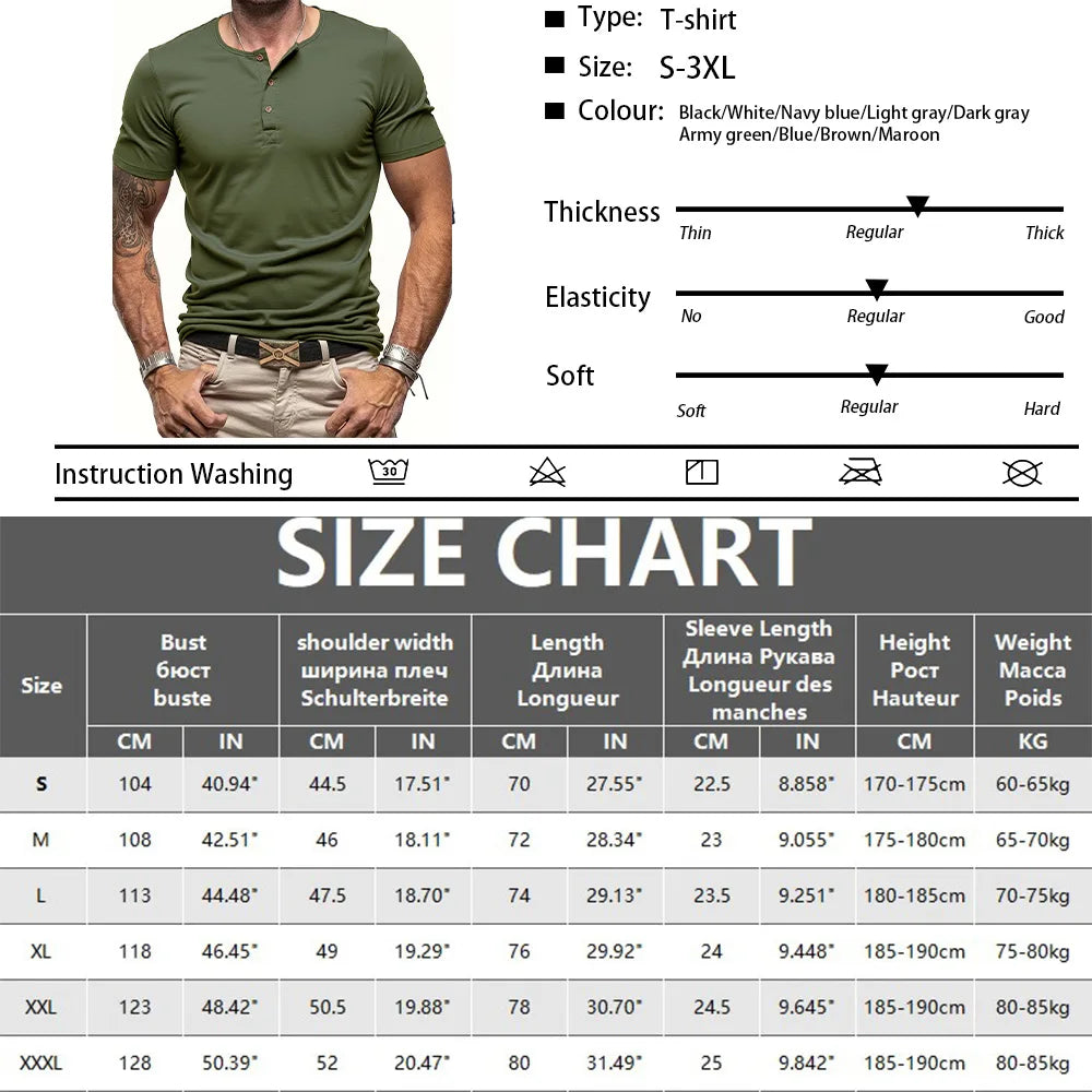 Men's Short Sleeve Henley Neck T-shirt Solid Color Male Tops Slim Fit Button Neck Casual Cozy Tshirt  Streetwear