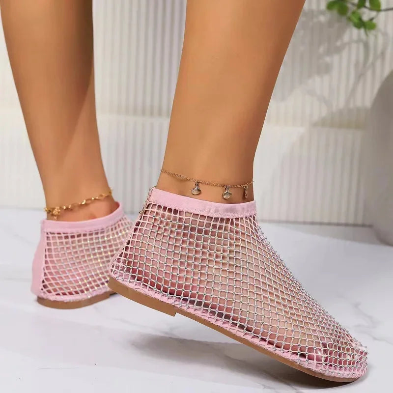 New Women's Flat Shoes Summer Women Sandals Hollowout Elastic Fishnet Socks Slippers Water Diamond Sexy Flat Shoes Zapatos Mujer