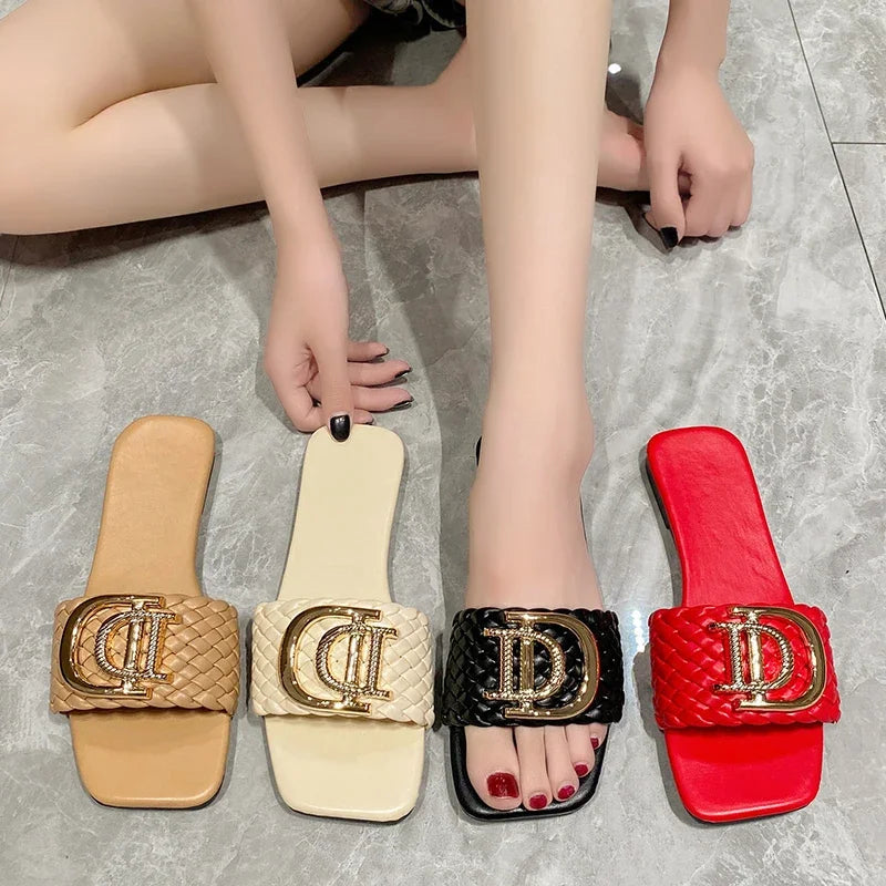 Women Slippers Party Sexy Elegant Slippers Women Luxury Decor Weave Designer Flat Sandals Fashion Open-toe Vacation Slides Women