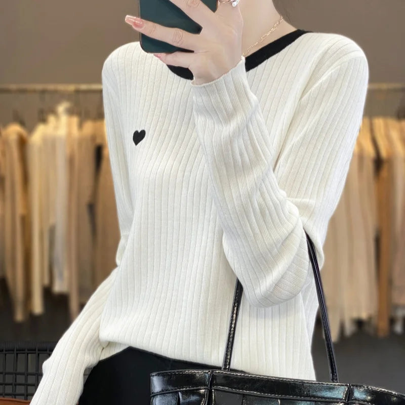 Women's Pullover Autumn/Winter 100% Wool Sweater Stitching Casual Knit Sweater Round Neck Tops Ladies Clothes Embroidery Blouse
