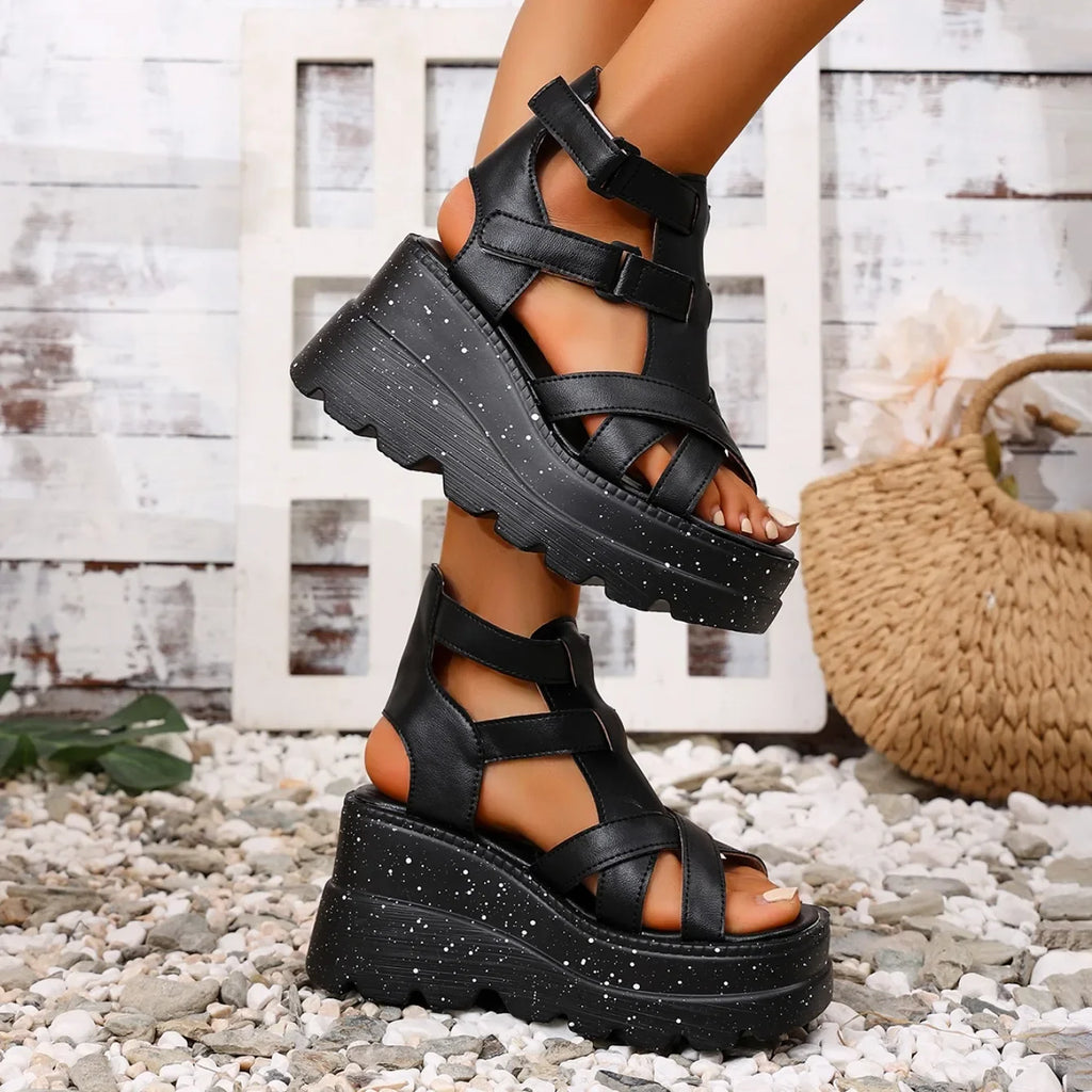 Women Sandals Summer Fashion Leather Platform Female Sandals Gladiator High Heels Sandals Women Chunky Outdoor Wedges Woman Shoe
