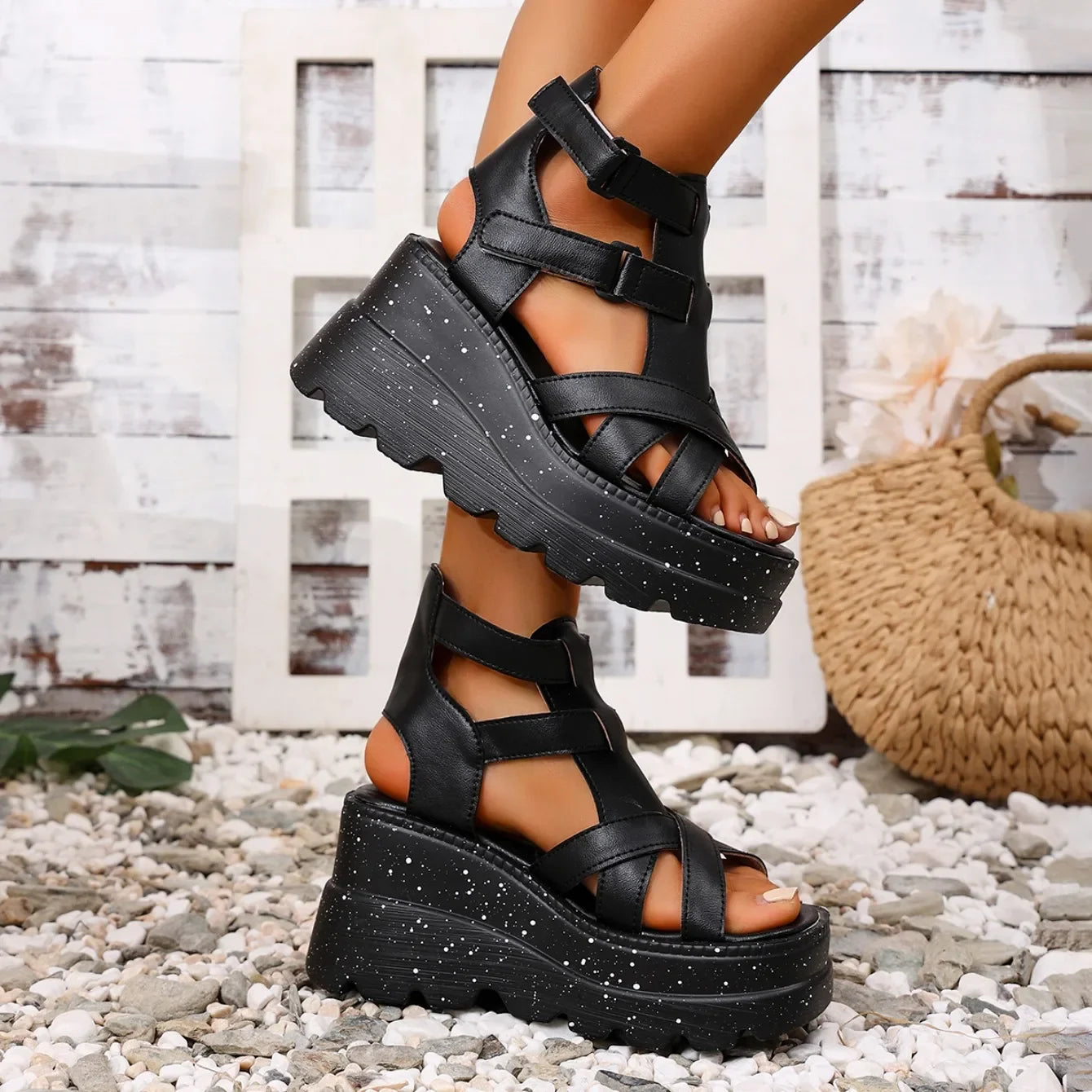 Women Sandals Summer Fashion Leather Platform Female Sandals Gladiator High Heels Sandals Women Chunky Outdoor Wedges Woman Shoe