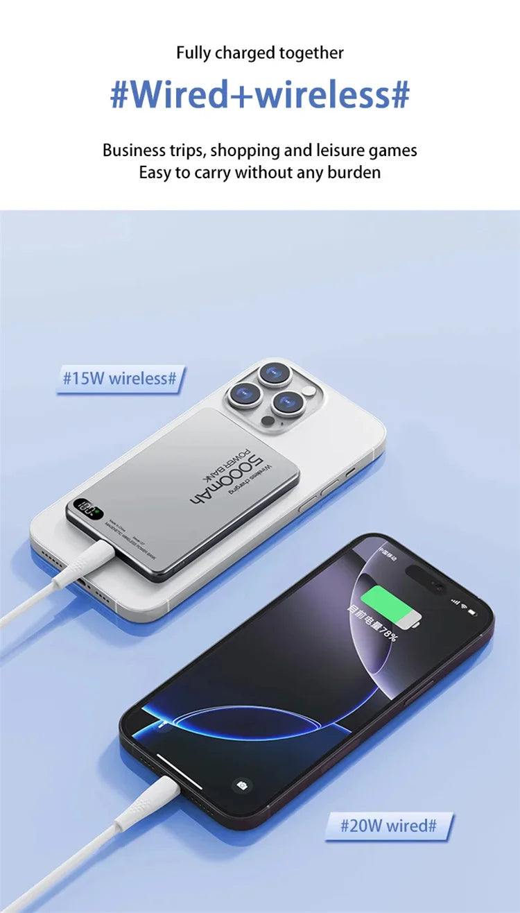 Magnetic Wireless Power Bank Qi2 Alloy Backup Battery PD20W Fast Charging For MagSafe External Battery Portable Charger