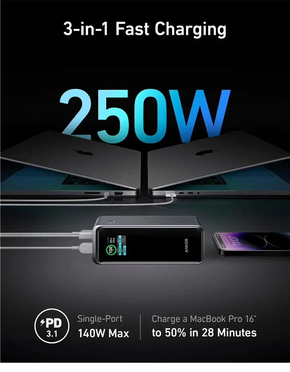 Prime Power Bank 27650mAh 3-Port 140W Max Portable Charger Battery Portable Power Bank Large Capacity 250W for Laptop