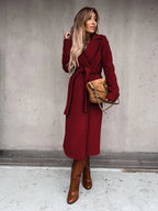 Autumn Winter Women Woolen Jacket Top Outwear Elegant Fashion Long Sleeve Lapel Collar Belt Trench Coat Overcoat Streetwear