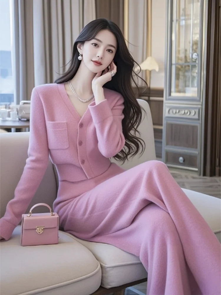 Autumn and winter new set fashionable temperament small fragrant style sweater+wide leg pants two-piece set