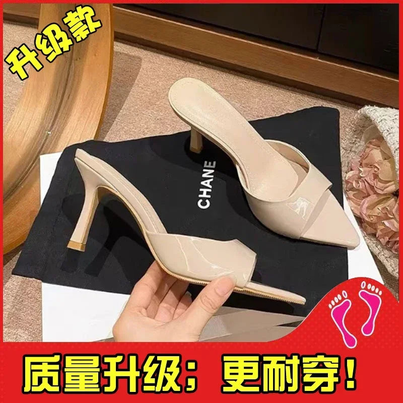Women's High Heel Slippers Thin Heels Pointed Toe Solid Slippers Women Dress Banquet Summer Mature Concise Zapatillas De Mujer