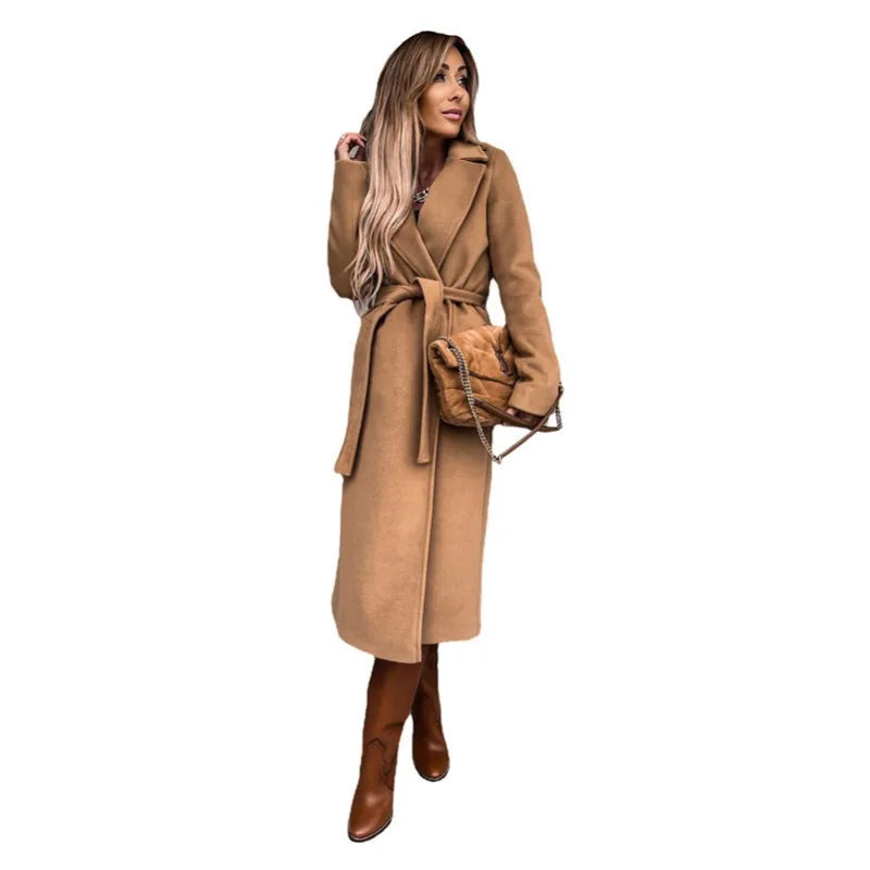 Autumn Winter Women Woolen Jacket Top Outwear Elegant Fashion Long Sleeve Lapel Collar Belt Trench Coat Overcoat Streetwear