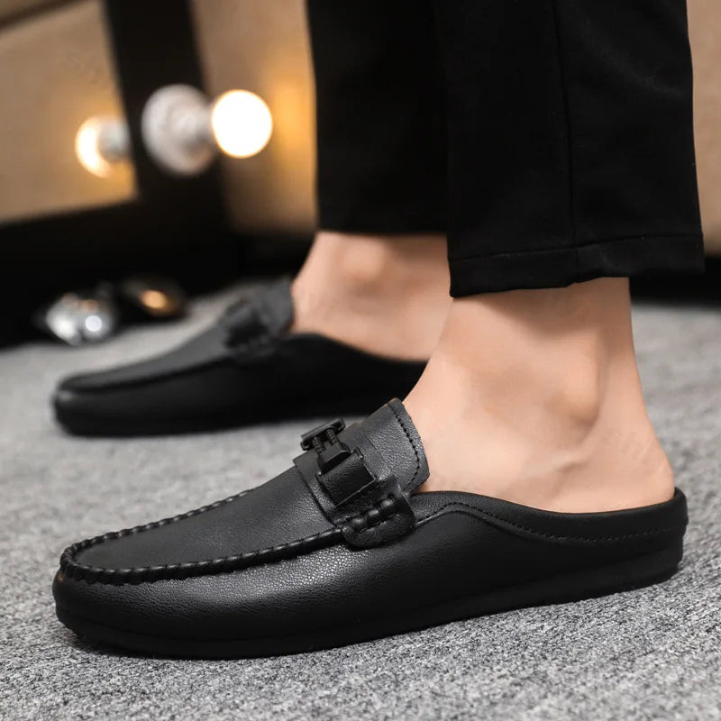 Men Half Slippers 2025 Summer Breathable Mens Casual Shoes Comfortable Walking Loafers Moccasins PU Leather Men Fashion Slippers