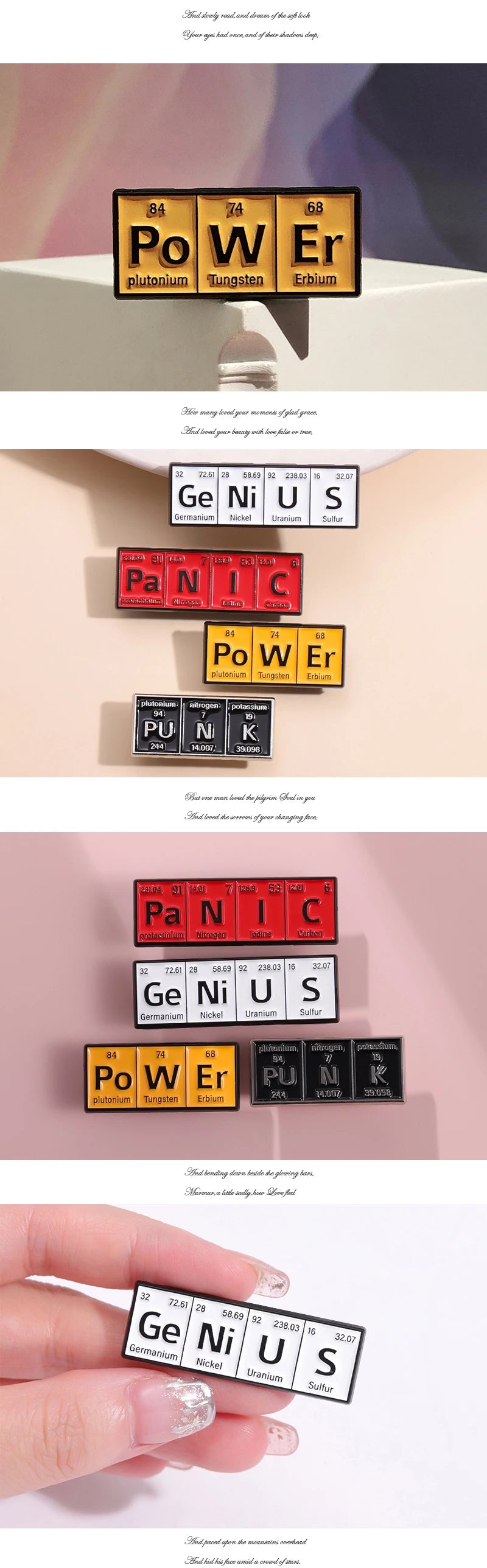 Chemical Element Enamel Pins Custom PO W ER GE NI U S Punk Brooches Lapel Badges Subject Jewelry Gift for students Friends
