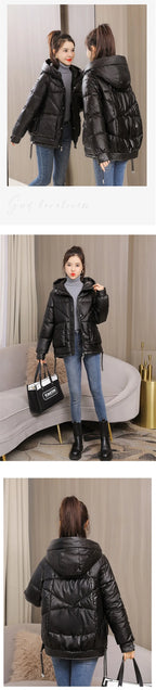 Winter Jacket Women 2025 New Glossy Down Cotton Jacket Hooded Parka Warm Cotton Padded Jacket Casual Outwear Female Tops