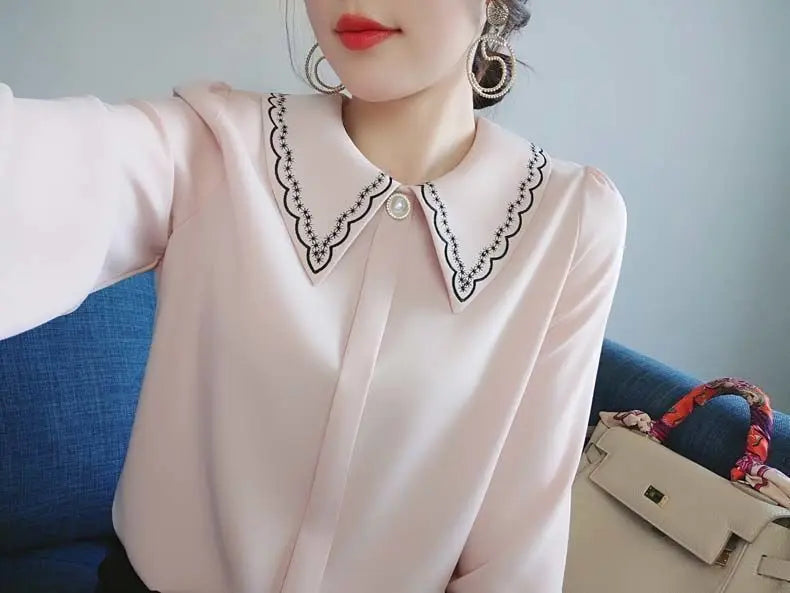 Women Embroidery Beaded Chic Luxury Design Shirts Spring Autumn Fashion Office Lady Blouse Solid Long Sleeve Tops Elegant Blusas
