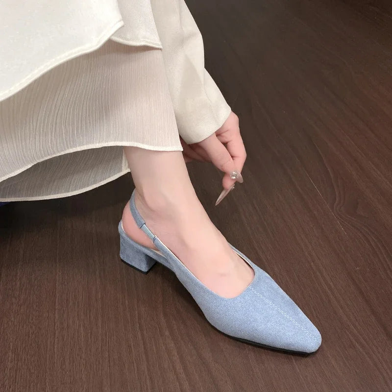 Women's summer sandals, fashionable suede design, sexy pointed-toe women's formal shoes, comfortable square-heeled women's shoes