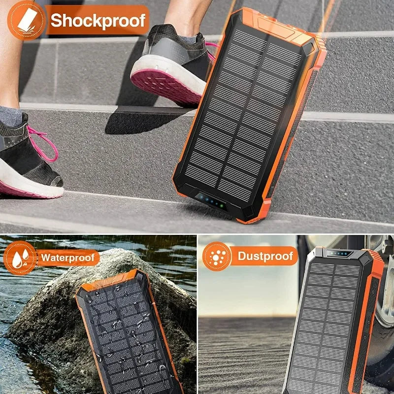 Waterproof Outdoor Solar Battery Power Bank Big Capacity 20000Mah 30000mah Emergency Wireless Power Banks with 4 Lines Universal