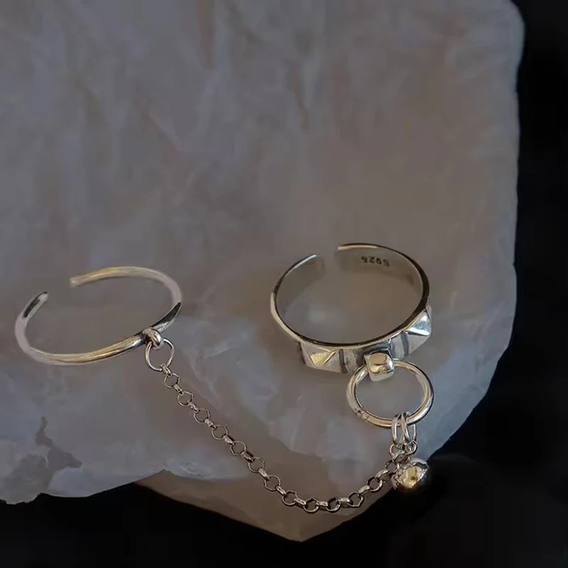 Real 925 Sterling Silver Retro Round Geometric Ring For 2 Rings Women Chain Vintage Fine Jewelry Minimalist Accessories Gift