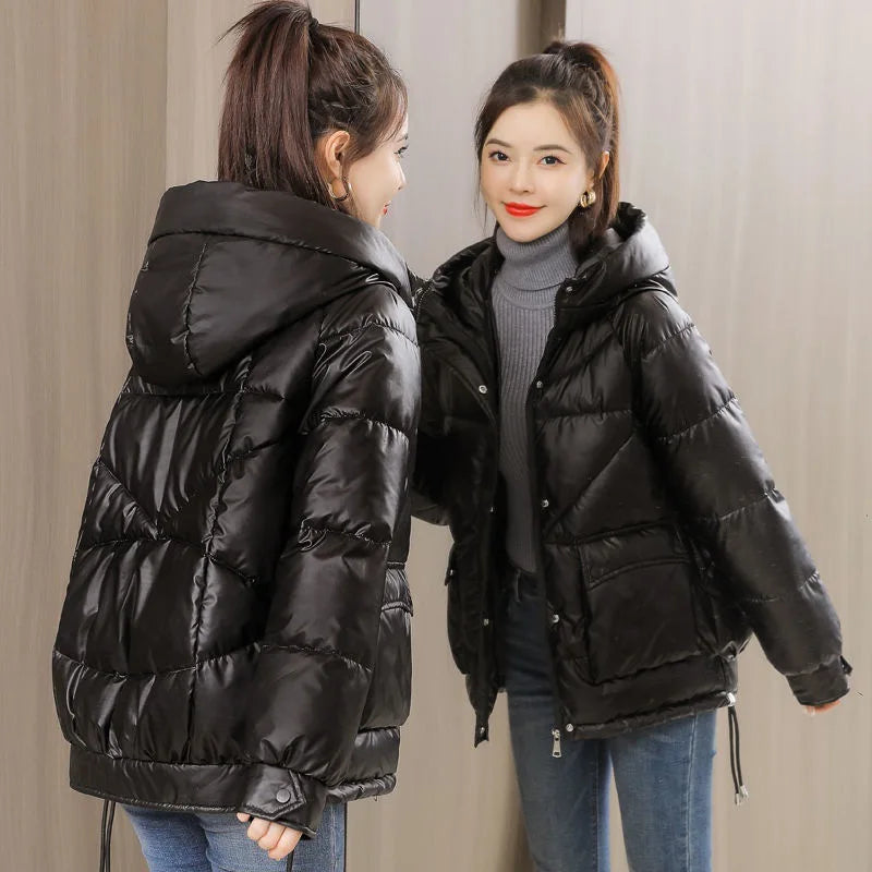Winter Jacket Women 2025 New Glossy Down Cotton Jacket Hooded Parka Warm Cotton Padded Jacket Casual Outwear Female Tops