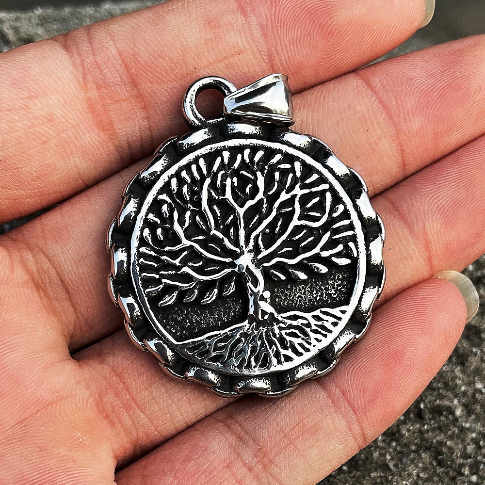 Nordic Stainless Steel Yggdrasil Necklace Pendant Men Double Sided Vintage Viking Tree of Life Pendant Amulet Viking Jewelry