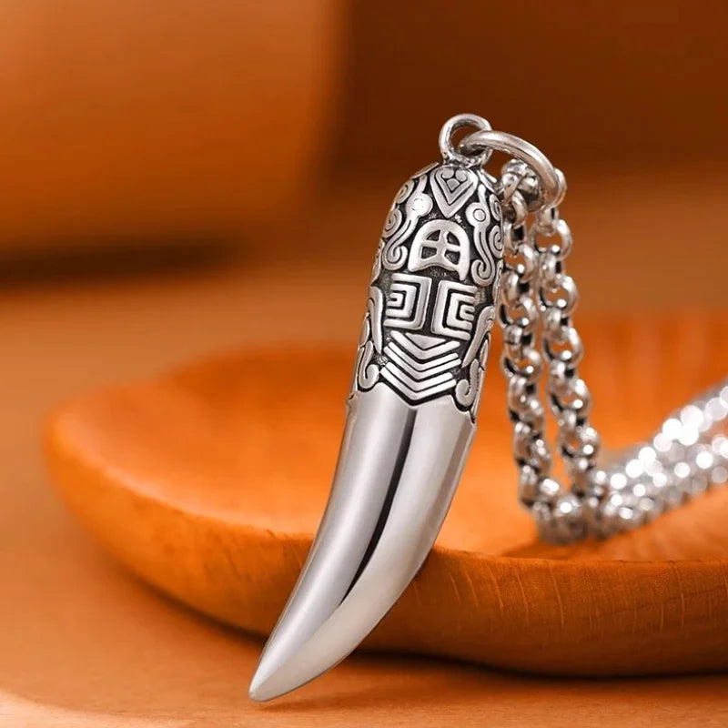 Creative 925 Silver Ethnic Style glossy Necklace Keel chains Banquet faceted wolf tooth Pendant for Men's Retro Jewelry