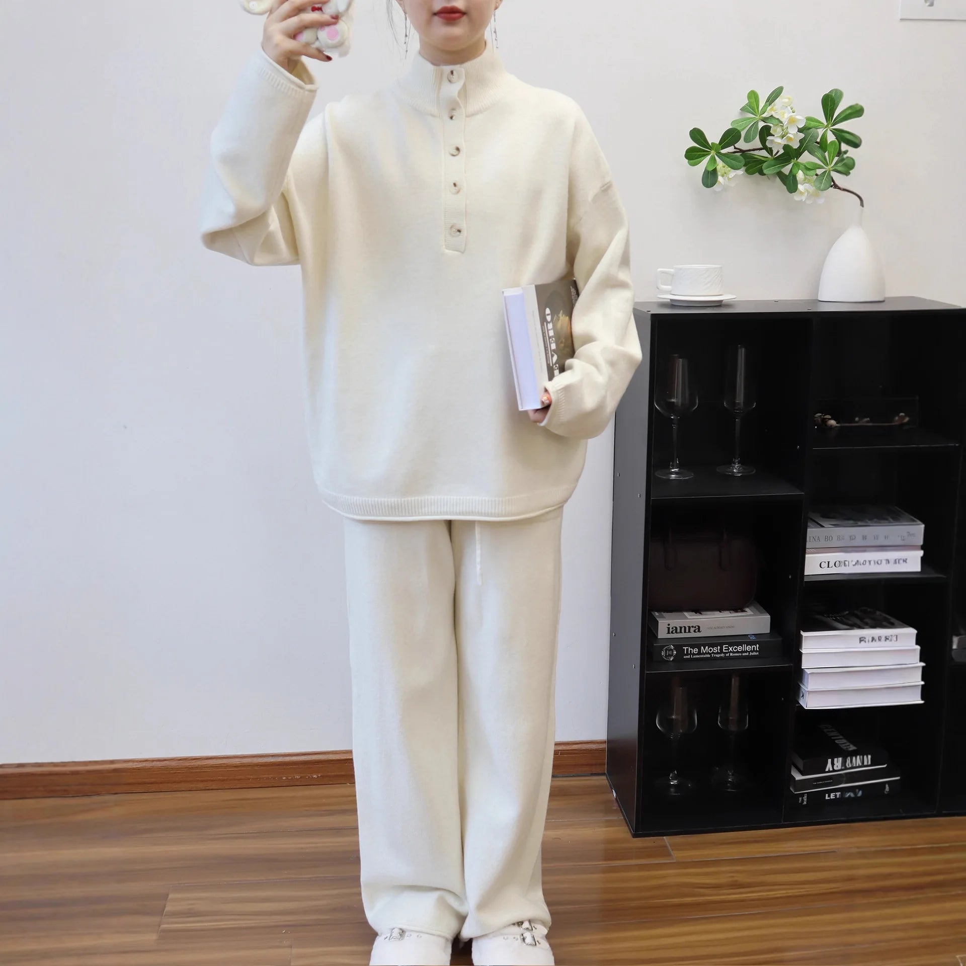 Pant Set Women Two Piece Sets Stand Collar Full Sleeve Knit Tops Wide Leg Long Pants Lace Up Elastic Waist Y2k Streetwear