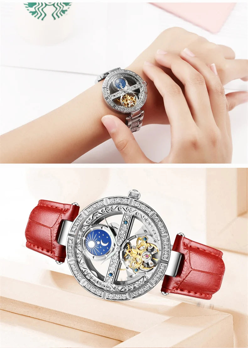 Women Automatic Mechanical Watch Top Brand Luxury Leather Waterproof Watches Ladies Skeleton Tourbillon Clock reloj mujer New